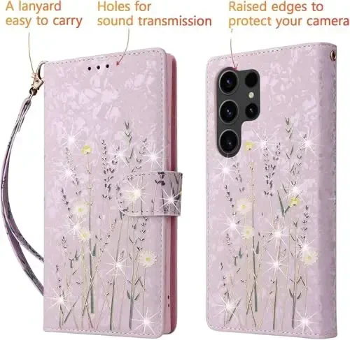 UEEBAI Samsung Galaxy S25 Ultra 5G uchun hamyonli chexol, PU teri telefon chexoli tayanch RFID blokirovka qiluvchi flip chexol karta uyalari bilak tasmasi barelyefli naqsh magnitli qulf gul chexol, lavanda - 5