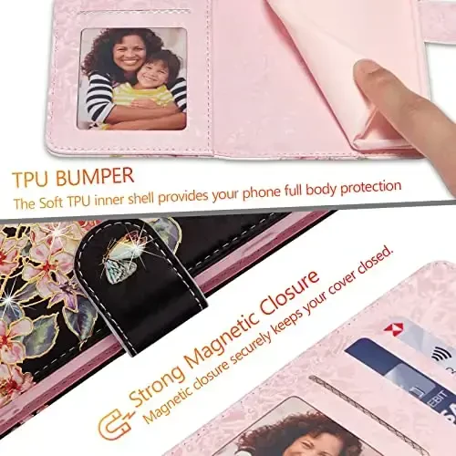 UEEBAI Samsung Galaxy S25 Ultra 5G uchun hamyonli g‘ilof, charm telefon hamyoni oyoq tirgakli RFID blokirovka qiluvchi flip g‘ilof karta uyalari bilak tasmali relyefli o‘yma naqshli magnitli qulfli gul qopqog‘i, qora atirgul - 7