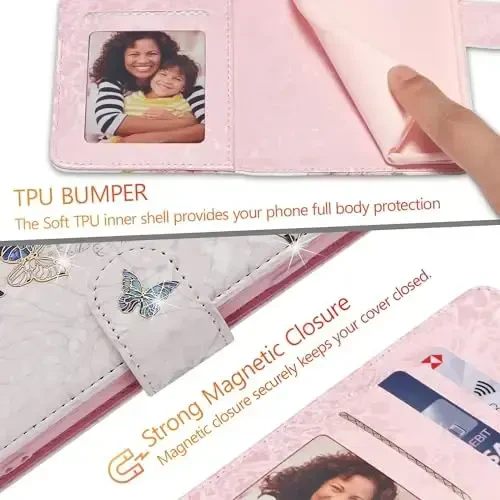 UEEBAI Samsung Galaxy S25 Ultra 5G uchun hamyonli g‘ilof, PU charm telefon g‘ilofi, RFID blokirovka qiluvchi o‘rnatilgan stendli g‘ilof, kartochka uyalari, bilak tasmali relyefli o‘yma naqshli magnitli yopiladigan gulli g‘ilof, Moviy Kapalak - 7