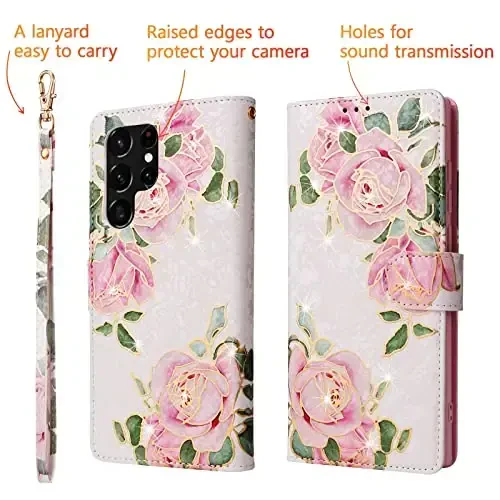 UEEBAI Samsung Galaxy S25 Ultra 5G uchun hamyonli g‘ilof, PU charm telefon g‘ilofi stend RFID blokirovka qiluvchi flip g‘ilof karta uyalari bilak tasmasi relyefli naqshli magnit qulfli gul g‘ilofi, oq atirgul - 5