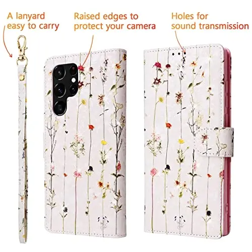 UEEBAI Samsung Galaxy S25 Ultra 5G uchun hamyonli g‘ilof, PU teri telefon g‘ilofi o‘rnatilgan tayanch RFID blokirovkali qopqoq karta uyalari bilak tasmasi relyefli o‘yma naqshli magnit qulfli gul foliosi, tok novdasi - 5