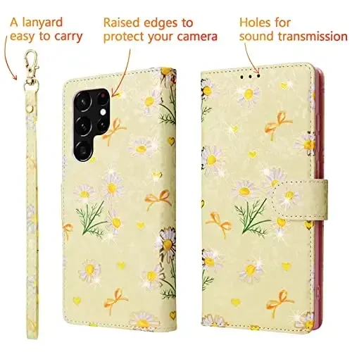 UEEBAI Samsung Galaxy S25 Ultra 5G uchun hamyonli g‘ilof, PU teri telefon g‘ilofi, tirgak, RFID blokirovka, magnit qulfli gul naqshli karta uyali bilaguzukli flip g‘ilof, sariq ромашка - 5
