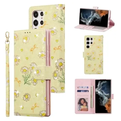 UEEBAI Samsung Galaxy S26 Ultra için Cüzdan Kılıf, PU Deri Telefon Kapağı Standlı RFID Engelleme Kapaklı Kılıf Kart Yuvaları El Bilekliği Kabartmalı Desen Mıknatıslı Kapatma Çiçek Cüzdan, Sarı Papatya 