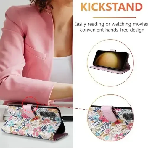 UEEBAI Wallet Case for Samsung Galaxy S23 5G, PU Charm Phone Case Kickstand RFID Blocking Flip Case Card Slots Wrist Strap Relief Engraved Pattern Magnetic Closure Folio Case - Multi-Flower - 3