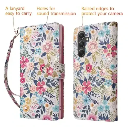 UEEBAI Wallet Case for Samsung Galaxy S23 5G, PU Charm Phone Case Kickstand RFID Blocking Flip Case Card Slots Wrist Strap Relief Engraved Pattern Magnetic Closure Folio Case - Multi-Flower - 5