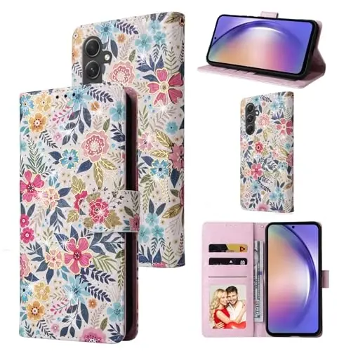 UEEBAI Wallet Case for Samsung Galaxy S23 5G, PU Charm Phone Case Kickstand RFID Blocking Flip Case Card Slots Wrist Strap Relief Engraved Pattern Magnetic Closure Folio Case - Multi-Flower - MODAZONE