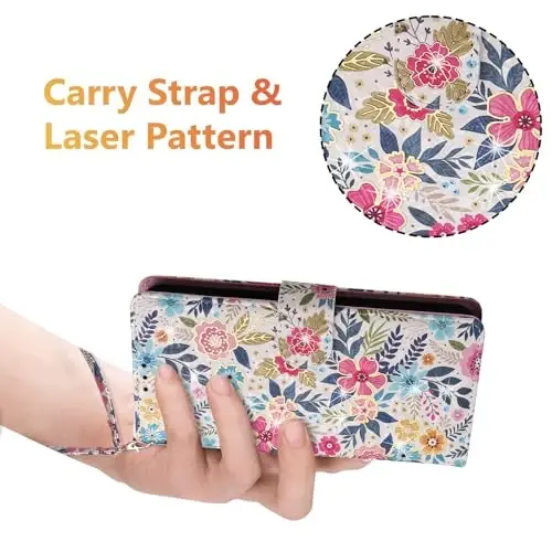 UEEBAI Wallet Case for Samsung Galaxy S23 5G, PU Charm Phone Case Kickstand RFID Blocking Flip Case Card Slots Wrist Strap Relief Engraved Pattern Magnetic Closure Folio Case - Multi-Flower - 6