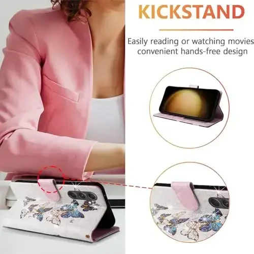 UEEBAI Wallet Case for Samsung Galaxy S23 5G, PU Charm Qopqoqli Hamyon Samsung Galaxy S23 5G uchun, PU charm Telefon Qutisi Tayanchi RFID Blocking Charm Qutisi Kartalar uchun joylar Qo'l tasmasi Kabartmalı naqsh Magnitli qulf Folio Qutisi - Moviy Kapalak - 3