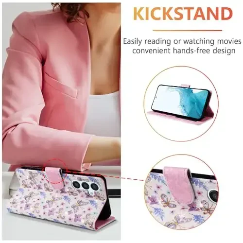 UEEBAI Wallet Case for Samsung Galaxy S23 5G, PU Charm quti Qopqoq RFID Blocking Flip Case Card Slots Wrist Strap Relief Gravür Naqshli Magnit Yopish Gullari Folio Quti, Kapalak - 3