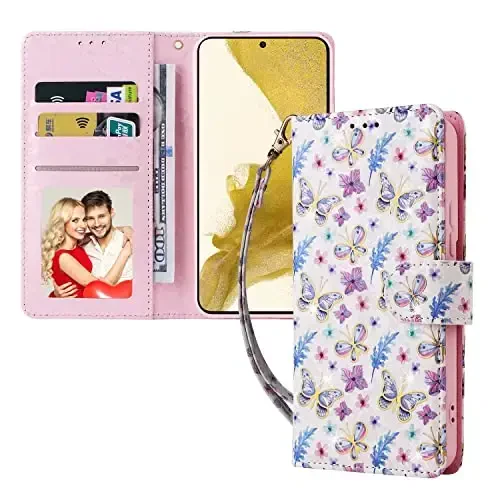 UEEBAI Wallet Case for Samsung Galaxy S23 5G, PU Charm quti Qopqoq RFID Blocking Flip Case Card Slots Wrist Strap Relief Gravür Naqshli Magnit Yopish Gullari Folio Quti, Kapalak - 6