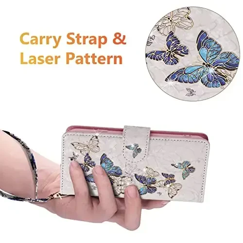 UEEBAI Wallet Case for Samsung Galaxy S23 5G, PU Leather Phone Case Kickstand RFID Blocking Flip Case Card Slots Wrist Strap Relief Engraved Pattern Magnetic Closure Folio Case - Blue Butterfly - 6