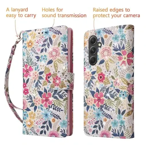 UEEBAI Wallet Case for Samsung Galaxy S23 5G, PU Leather Phone Case Kickstand RFID Blocking Flip Case with Card Slots Wrist Strap Relief Engraved Pattern Magnetic Closure Folio Case - Multi-Flower - 5