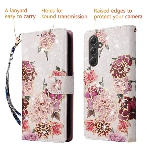 UEEBAI Wallet Case for Samsung Galaxy S23 5G, PU Leather Phone Case Kickstand RFID Blocking Flip Case with Card Slots Wrist Strap Relief Engraved Pattern Magnetic Closure Folio Case - White Flower - 5