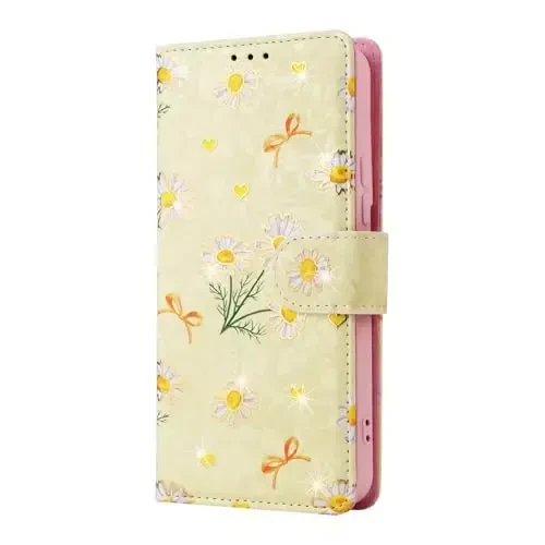 UEEBAI Wallet Case for Samsung Galaxy S23 5G, PU Leather Phone Case Kickstand RFID Blocking Flip Case with Card Slots Wrist Strap Relief Engraved Pattern Magnetic Closure Folio Case - Yellow Daisy 
