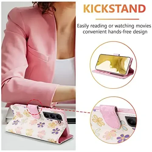 UEEBAI Wallet Case for Samsung Galaxy S23 Plus 5G, PU Leather Phone Case Kickstand RFID Blocking Flip Case Card Slots Wrist Strap Relief Engraved Pattern Magnetic Closure Folio Case - White Daisy - 3
