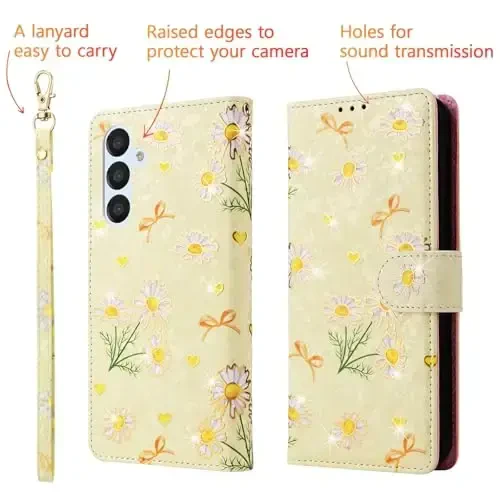 UEEBAI Wallet Case for Samsung Galaxy S23 Plus 5G, PU Leather Phone Case Kickstand RFID Blocking Flip Case Card Slots Wrist Strap Relief Engraved Pattern Magnetic Closure Folio Case - Yellow Daisy - 5