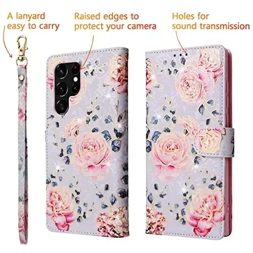 UEEBAI Wallet Case for Samsung Galaxy S23 Ultra 5G, PU Leather Phone Case Kickstand RFID Blocking Flip Case Card Slots Wrist Strap Relief Engraved Pattern Magnetic Closure Folio Case - Purple Rose - 5