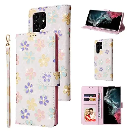 UEEBAI Wallet Case for Samsung Galaxy S23 Ultra 5G, PU Leather Phone Case Kickstand RFID Blocking Flip Case Card Slots Wrist Strap Relief Engraved Pattern Magnetic Closure Folio Case - White Daisy 