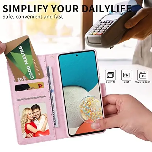 UEEBAI Wallet Case for Samsung Galaxy S23 Ultra 5G, PU Leather Phone Case Kickstand RFID Blocking Flip Case Card Slots Wrist Strap Relief Engraved Pattern Magnetic Closure Folio Case - White Daisy - 2