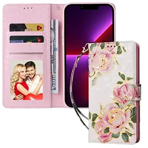 UEEBAI Wallet Case for Samsung Galaxy S23 Ultra 5G, PU Leather Phone Case Kickstand RFID Blocking Flip Case Card Slots Wrist Strap Relief Engraved Pattern Magnetic Closure Folio Case - White Rose - 6