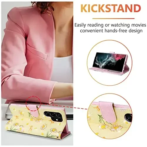 UEEBAI Wallet Case for Samsung Galaxy S23 Ultra 5G, PU Leather Phone Case Kickstand RFID Blocking Flip Case Card Slots Wrist Strap Relief Engraved Pattern Magnetic Closure Folio Case - Yellow Daisy - 3