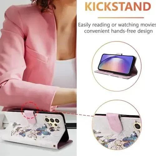 UEEBAI Wallet Case for Samsung Galaxy S23 Ultra 5G, PU Leather Phone Case Kickstand RFID Blocking Flip Case with Card Slots Wrist Strap Relief Engraved Magnetic Closure Folio Case - Blue Butterfly - 3