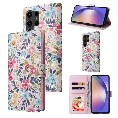 UEEBAI Wallet Case for Samsung Galaxy S23 Ultra 5G, PU Leather Phone Case Kickstand RFID Blocking Flip Case with Card Slots Wrist Strap Relief Engraved Magnetic Closure Folio Case - Multi-Flower 