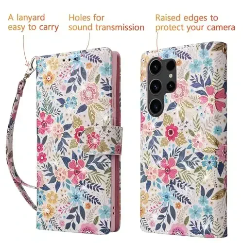 UEEBAI Wallet Case for Samsung Galaxy S23 Ultra 5G, PU Leather Phone Case Kickstand RFID Blocking Flip Case with Card Slots Wrist Strap Relief Engraved Magnetic Closure Folio Case - Multi-Flower - 5