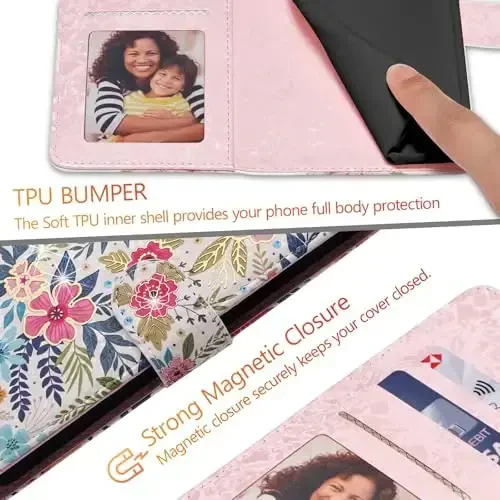 UEEBAI Wallet Case for Samsung Galaxy S23 Ultra 5G, PU Leather Phone Case Kickstand RFID Blocking Flip Case with Card Slots Wrist Strap Relief Engraved Magnetic Closure Folio Case - Multi-Flower - 6