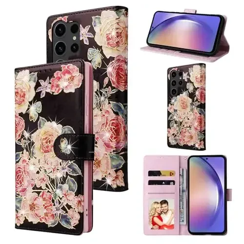 UEEBAI Wallet Case for Samsung Galaxy S23 Ultra 5G, PU Leather Phone Case Kickstand RFID Blocking Flip Case with Card Slots Wrist Strap Relief Engraved Pattern Magnetic Closure Folio Case - Black Rose 