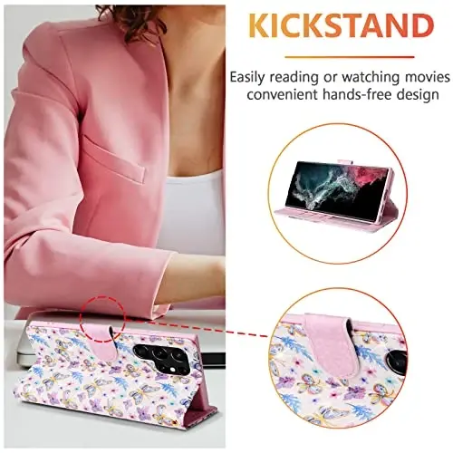 UEEBAI Wallet Case for Samsung Galaxy S23 Ultra 5G, PU Leather Phone Case Kickstand RFID Blocking Flip Case with Card Slots Wrist Strap Relief Engraved Pattern Magnetic Closure Folio Case - Butterfly - 3