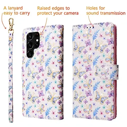UEEBAI Wallet Case for Samsung Galaxy S23 Ultra 5G, PU Leather Phone Case Kickstand RFID Blocking Flip Case with Card Slots Wrist Strap Relief Engraved Pattern Magnetic Closure Folio Case - Butterfly - 5