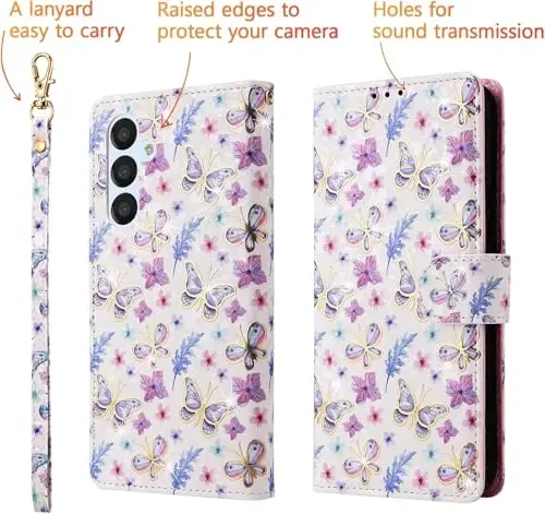 UEEBAI Wallet Case for Samsung Galaxy S24 5G, PU Leather Phone Case Kickstand RFID Blocking Flip Case Card Slots Wrist Strap Relief Engraved Pattern Magnetic Closure Folio Case - Butterfly - 4