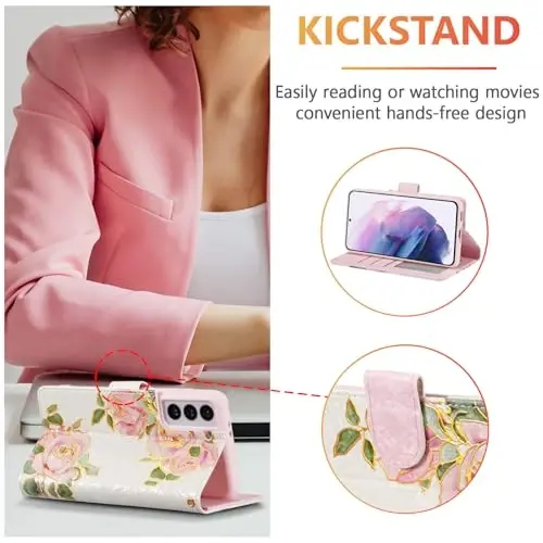 UEEBAI Wallet Case for Samsung Galaxy S24 5G, PU Leather Phone Case Kickstand RFID Blocking Flip Case Card Slots Wrist Strap Relief Engraved Pattern Magnetic Closure Folio Case - White Rose - 2