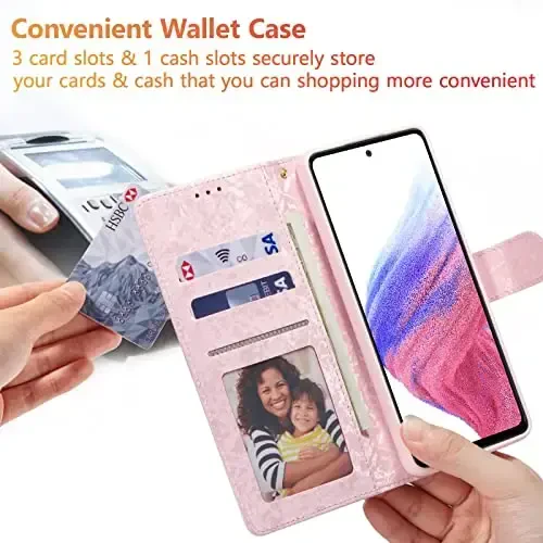 UEEBAI Wallet Case for Samsung Galaxy S24 FE 5G, PU Charm Telefon Kılıfı Kickstand RFID Blocking Flip Case Kart Yuvaları Bilek Kayışı Kabartma Oyma Desen Manyetik Kapanış Çiçek Folio Kılıf, Lavanta - 3