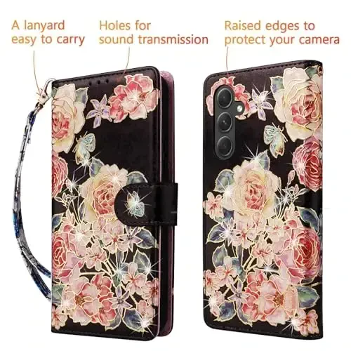 UEEBAI Wallet Case for Samsung Galaxy S24 FE 5G, PU charm telefon qutisi Kickstand RFID Blocking Flip Case Card Slots Wrist Strap Relief Engraved Pattern Magnetic Closure Flower Folio Case, Black Rose - 5