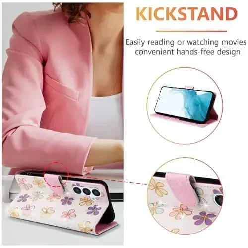 UEEBAI Wallet Case for Samsung Galaxy S24 FE 5G, PU Leather Phone Case Kickstand RFID Blocking Flip Case Card Slots Wrist Strap Relief Engraved Pattern Magnetic Closure Flower Folio Case, White Daisy - 2