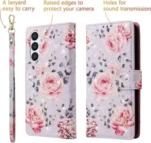 UEEBAI Wallet Case for Samsung Galaxy S24 Plus 5G, PU Charm qopqoq Kickstand RFID Blocking Flip Case karta uyalari bilak tasmasi Relyefli o'yilgan naqsh Magnit yopish Folio qopqoq - binafsha atirgul - 3