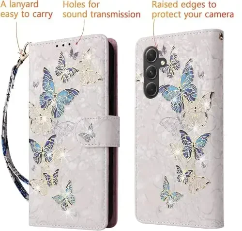 UEEBAI Wallet Case for Samsung Galaxy S24 Plus 5G, PU Charmdan hamyon korpusi, RFID blokirovka qiluvchi flip korpus kartochka uyalari bilaguzuk tasmasi relyefli oʻyilgan naqshli magnit qulflangan folio korpus - koʻk kapalak - 5