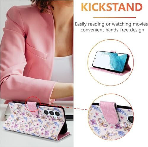 UEEBAI Wallet Case for Samsung Galaxy S24 Plus 5G, PU Leather Phone Case Kickstand RFID Blocking Flip Case Card Slots Wrist Strap Relief Engraved Pattern Magnetic Closure Folio Case - Butterfly - 3