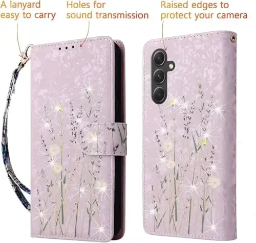 UEEBAI Wallet Case for Samsung Galaxy S24 Plus 5G, PU Leather Phone Case Kickstand RFID Blocking Flip Case Card Slots Wrist Strap Relief Engraved Pattern Magnetic Closure Folio Case - Lavender - 3