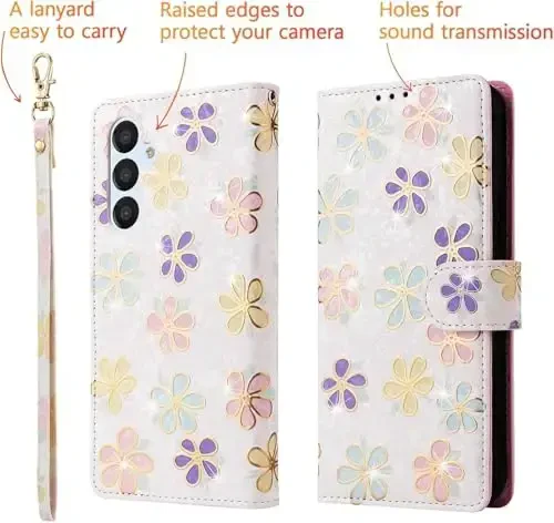 UEEBAI Wallet Case for Samsung Galaxy S24 Plus 5G, PU Leather Phone Case Kickstand RFID Blocking Flip Case Card Slots Wrist Strap Relief Engraved Pattern Magnetic Closure Folio Case - White Daisy - 2
