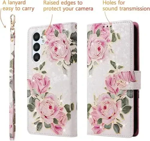 UEEBAI Wallet Case for Samsung Galaxy S24 Plus 5G, PU Leather Phone Case Kickstand RFID Blocking Flip Case Card Slots Wrist Strap Relief Engraved Pattern Magnetic Closure Folio Case - White Rose - 3