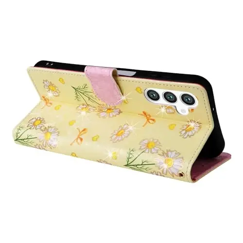 UEEBAI Wallet Case for Samsung Galaxy S24 Plus 5G, PU Teri Telefon Qopqog'i Oyoqchasi RFID Blocking Flip Case Kartalar Uyasi Bilak Tasma Naqshinkor O'yma Naqsh Magnitli Qulf Folio Qopqog'i - Sariq ромашка - 3