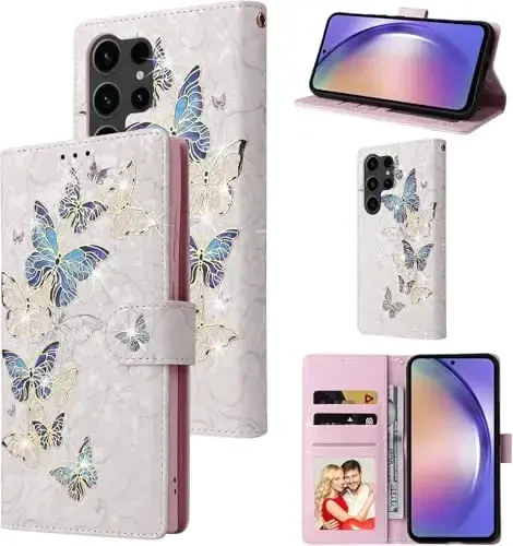 UEEBAI Wallet Case for Samsung Galaxy S24 Ultra 5G, PU Charm Charm Charm, RFID Blocker Flip Case Card Slot Wrist Strap Relief Relief Engraved Pattern Magnetic Closure Folio Case - Moviy Kapalak - 1