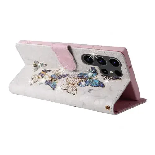 UEEBAI Wallet Case for Samsung Galaxy S24 Ultra 5G, PU Charm Charm Charm, RFID Blocker Flip Case Card Slot Wrist Strap Relief Relief Engraved Pattern Magnetic Closure Folio Case - Moviy Kapalak - 4