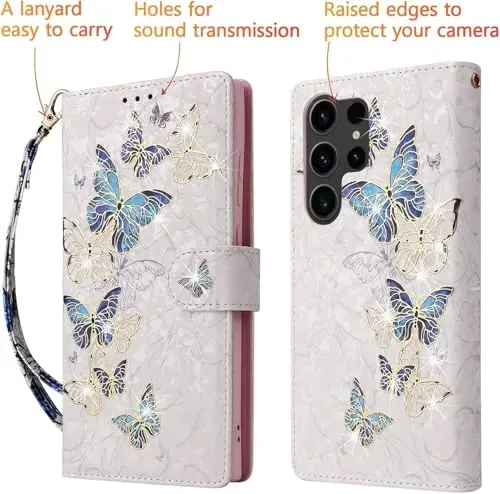 UEEBAI Wallet Case for Samsung Galaxy S24 Ultra 5G, PU Charm Charm Charm, RFID Blocker Flip Case Card Slot Wrist Strap Relief Relief Engraved Pattern Magnetic Closure Folio Case - Moviy Kapalak - 3