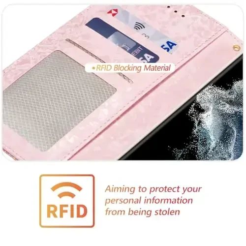 UEEBAI Wallet Case for Samsung Galaxy S24 Ultra 5G, PU Leather Phone Case Kickstand RFID Blocking Flip Case Card Slot Wrist Strap Relief Engraved Pattern Magnetic Closure Folio Case - Blue Butterfly - 3