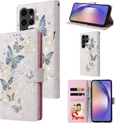UEEBAI Wallet Case for Samsung Galaxy S24 Ultra 5G, PU Leather Phone Case Kickstand RFID Blocking Flip Case Card Slot Wrist Strap Relief Engraved Pattern Magnetic Closure Folio Case - Blue Butterfly 