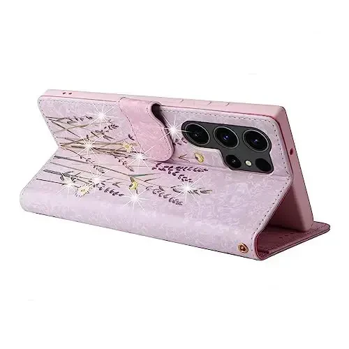 UEEBAI Wallet Case for Samsung Galaxy S24 Ultra 5G, PU Leather Phone Case Kickstand RFID Blocking Flip Case Card Slots Wrist Strap Relief Engraved Pattern Magnetic Closure Folio Case - Lavender - 2